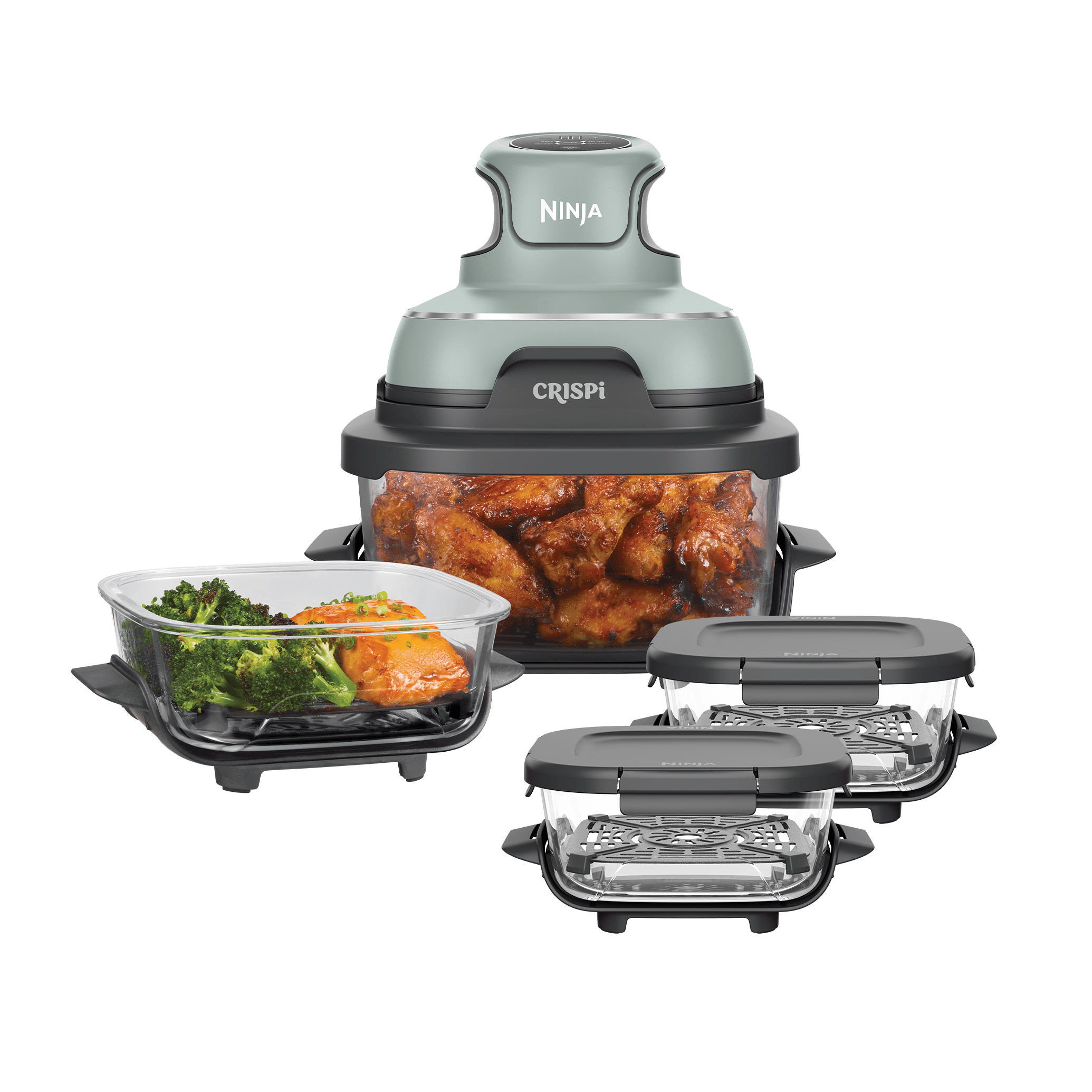 FN101UKSG214_01.png Ninja CRISPi 4-in-1 Portable Glass Air Fryer Meal Prep Set in Sage | FN101UKSG214 | by SharkNinja - Image 1